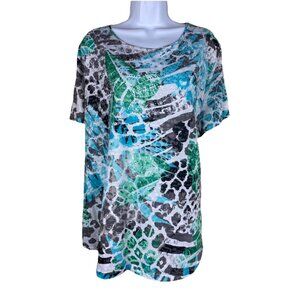Allison Daley Size 3X Teal & Gray Beaded Bling Tunic Top Leaf Print Cap Sleeves